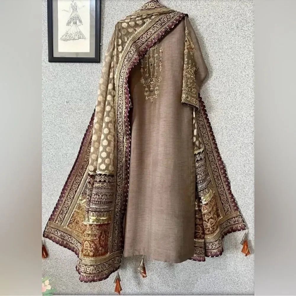 Luxurious Embroidered Brown and Gold 3 piece suit